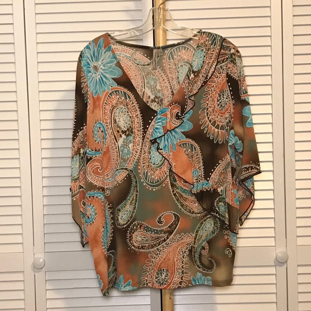 Susan Lawrence Paisley Floral Ruffled V-Neck 3/4 Sleeve Blouse 2X